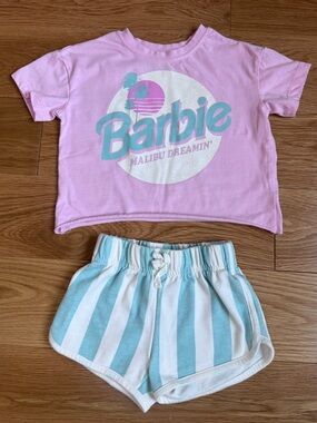 Barbie Pink Crop Tee with Aqua & White Striped Shorts
